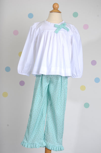 Bow Blouse in 100% White Cotton w/ Green/Blue Floral