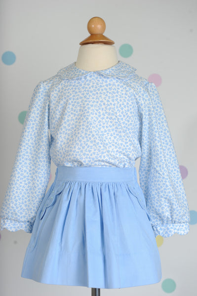 Girl Longsleeve Peter Pan Blouse in Blue Flower