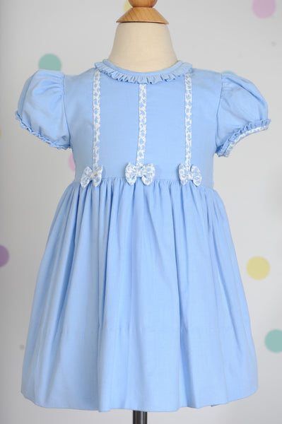 Bow Dress in Blue Corduroy w/ Blue Flowers