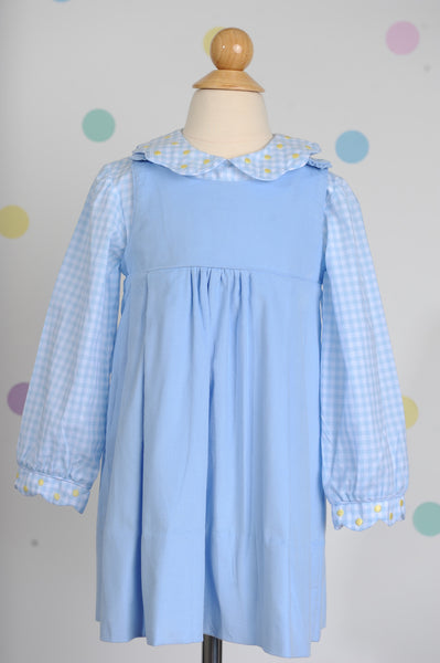 Girl Longsleeve Peter Pan Blouse in Pastel Blue Gingham/Yellow Dots