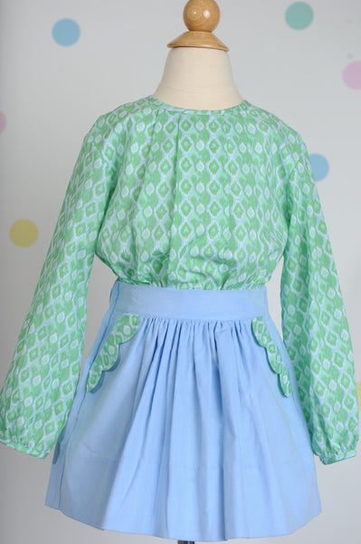 Skirt w/ Scalloped Pockets in Blue Corduroy w/ Ikat Scallops