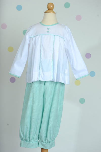 Boy Swing Top in 100% White Cotton w/ Pastel Seafoam Gingham