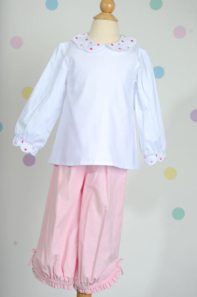 Girl Longsleeve Peter Pan Blouse in 100% White Cotton w/ Pink Dots