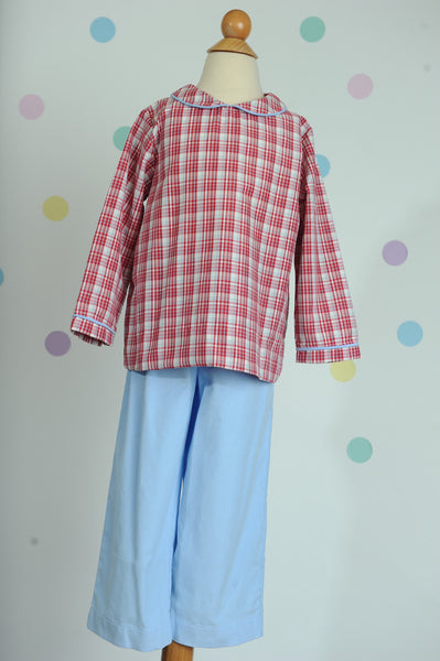 Basic Boy’s Peter Pan in Red Plaid w/ Blue Corduroy Piping