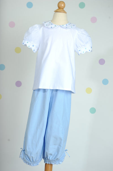 Girl Bubble Pant in Blue Corduroy w/ Pastel Blue Gingham