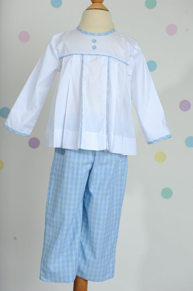 Boy Swing Top in 100% White Cotton w/ Blue/Green Plaid