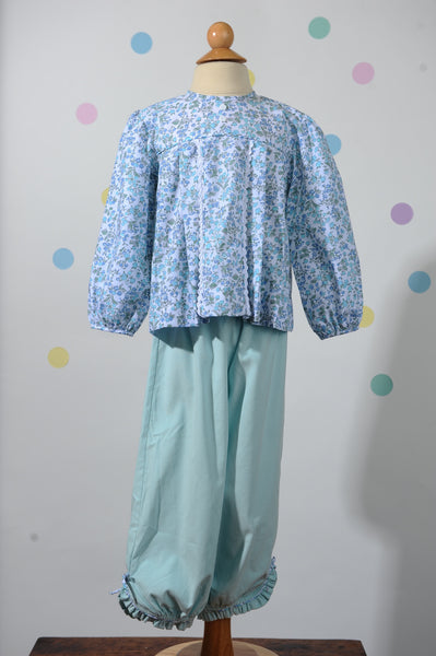 Girl Bubble Pant in Seafoam Corduroy w/ Blue Rose