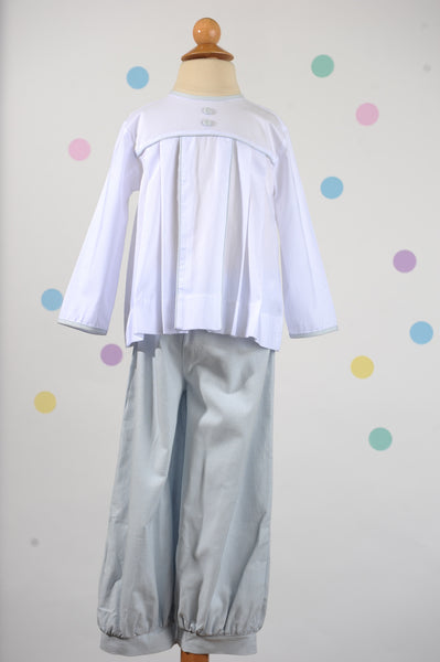 Boy Swing Top in 100% White Cotton w/ Blue Houndstooth