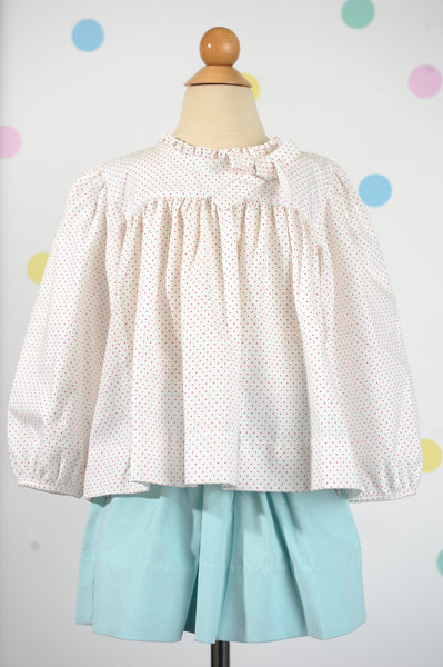 Skirt w/ Scalloped Pockets in Seafoam Corduroy w/ Red Bitty Dot