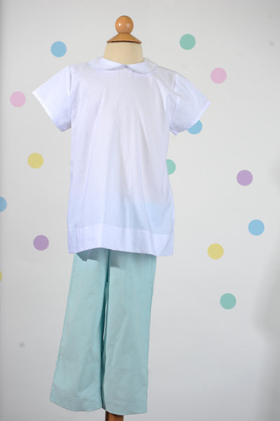 Basic Boy’s Peter Pan in 100% White Cotton w/ Seafoam Stitching